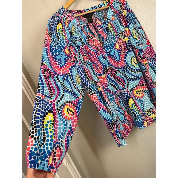 Investments II Womens Size 3X Long Sleeve Blouse Bright Colorful Mosaic Dots Top - Picture 2 of 9